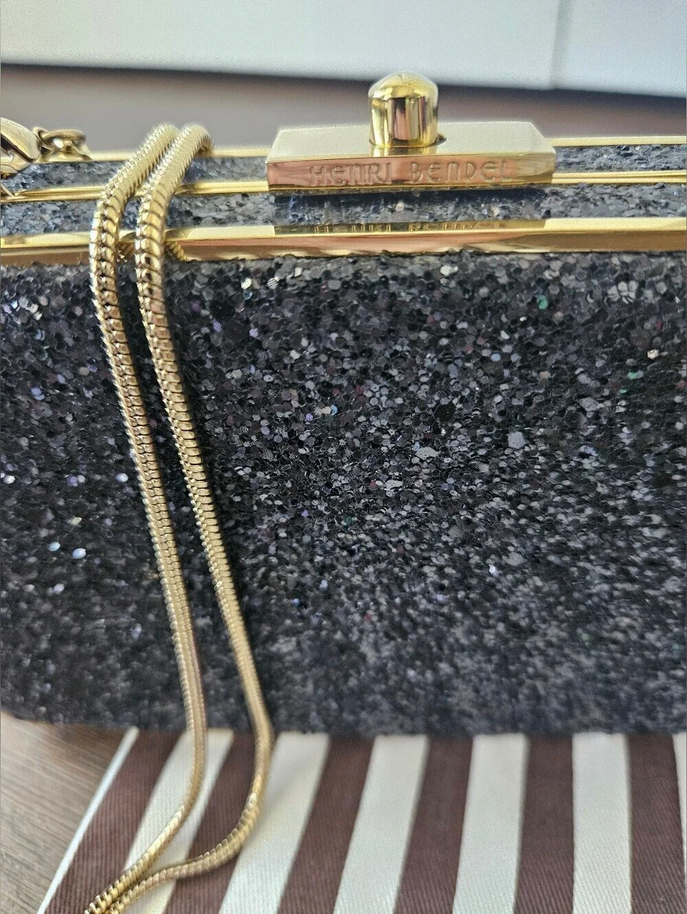 HENRI BENDEL Black Glitter Box Clutch Crossbody Evening Bag Gold Hardware +Dusty